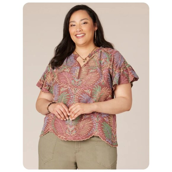 Democracy Short Ruffle Sleeve Embroidered Boho Top sz 2X - Picture 1 of 8